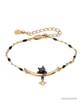 Nickel-Free Alex and Ani Celestial Black Cat Broom Bangle Bracelet, Brass,
